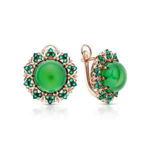 Золотые серьги с бриллиантами природными, изумрудами природными и агатами природными
